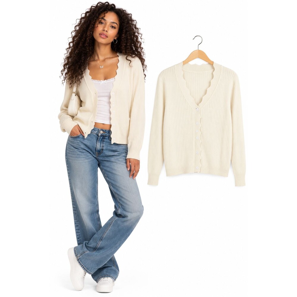 YesFashion Women's Ribbed Knit Scalloped V-Neck Cardigan Size Medium Ivory